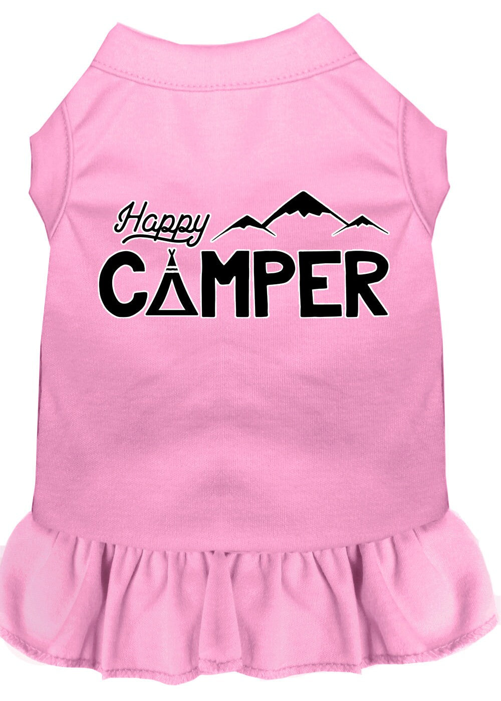A cute 'Happy Camper' dress for pets, featuring a sleeveless design and ruffle at the bottom, made from soft cotton and polyester blend.