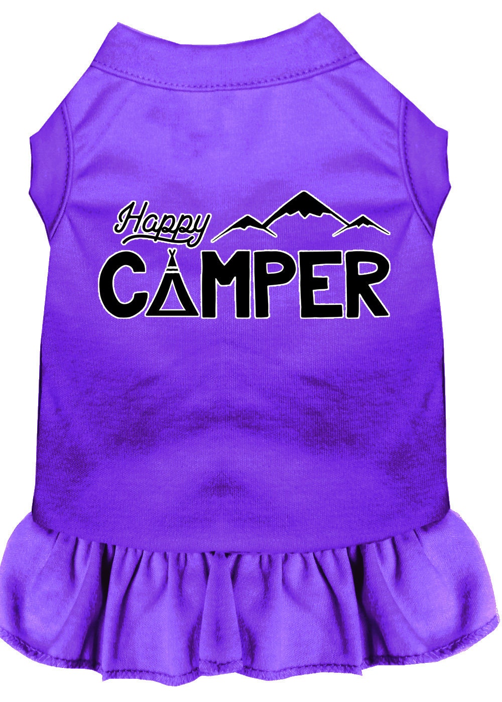 A cute 'Happy Camper' dress for pets, featuring a sleeveless design and ruffle at the bottom, made from soft cotton and polyester blend.