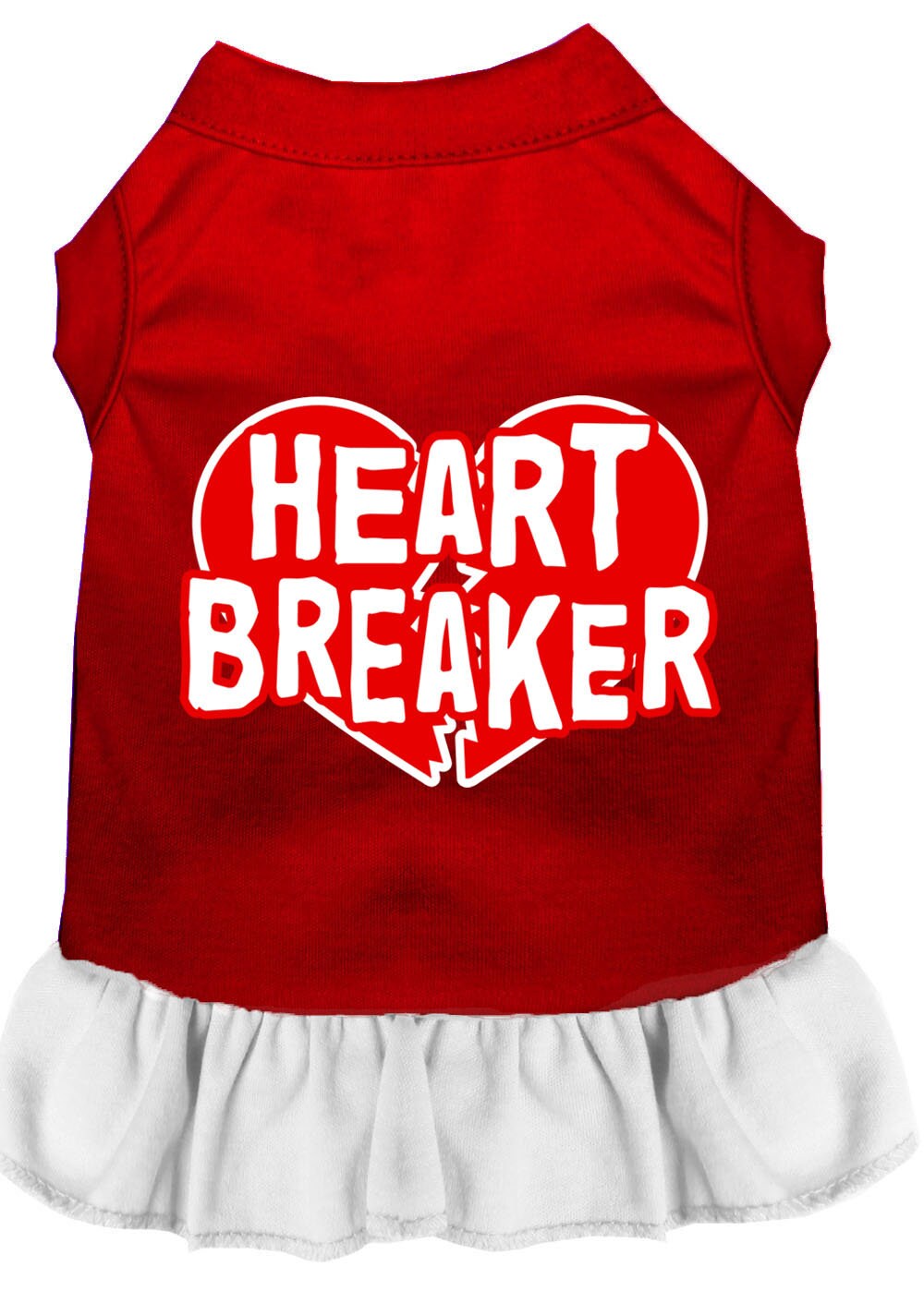 A cute pet dress for dogs and cats, featuring a screen-printed 'Heart Breaker' design, made from soft cotton and polyester blend.