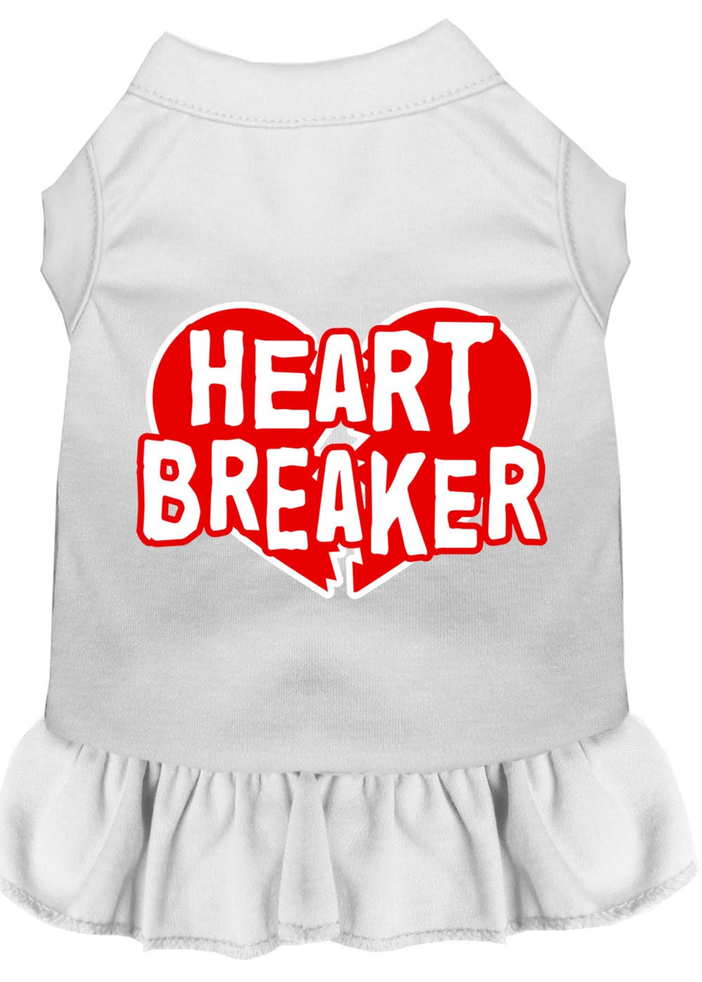 A cute pet dress for dogs and cats, featuring a screen-printed 'Heart Breaker' design, made from soft cotton and polyester blend.