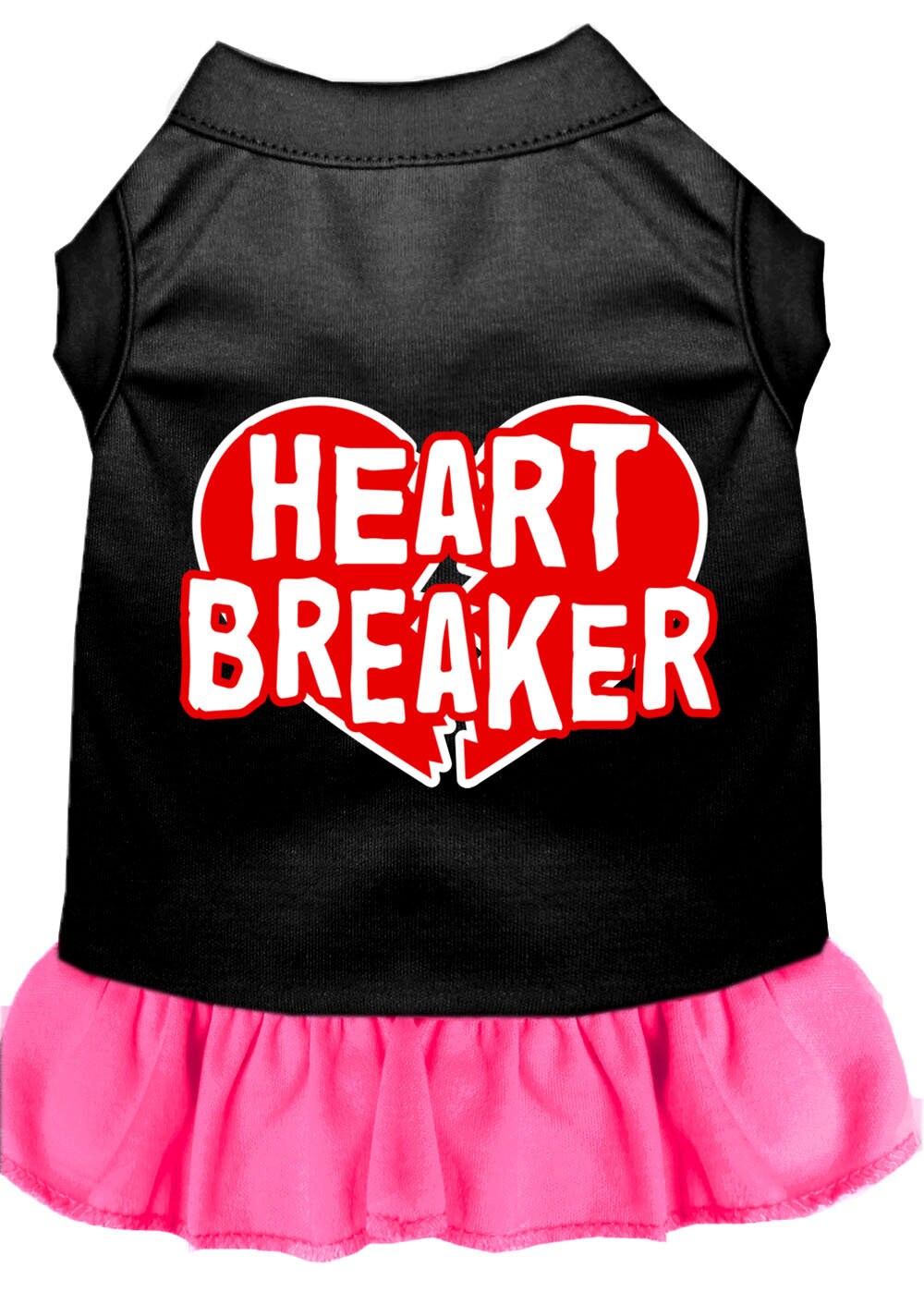 A cute pet dress for dogs and cats, featuring a screen-printed 'Heart Breaker' design, made from soft cotton and polyester blend.