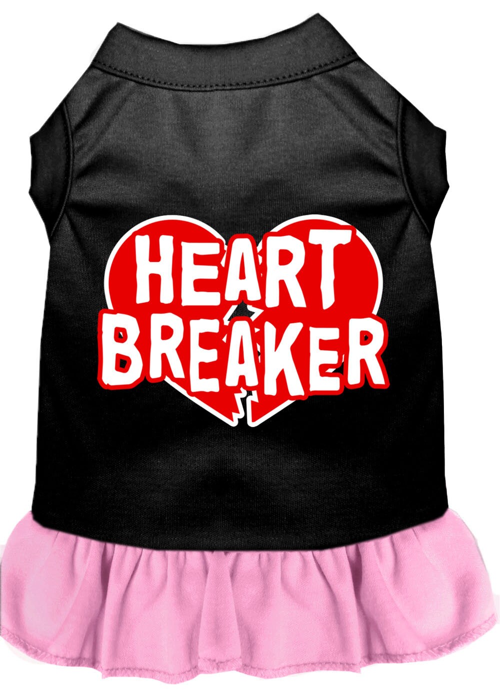 A cute pet dress for dogs and cats, featuring a screen-printed 'Heart Breaker' design, made from soft cotton and polyester blend.
