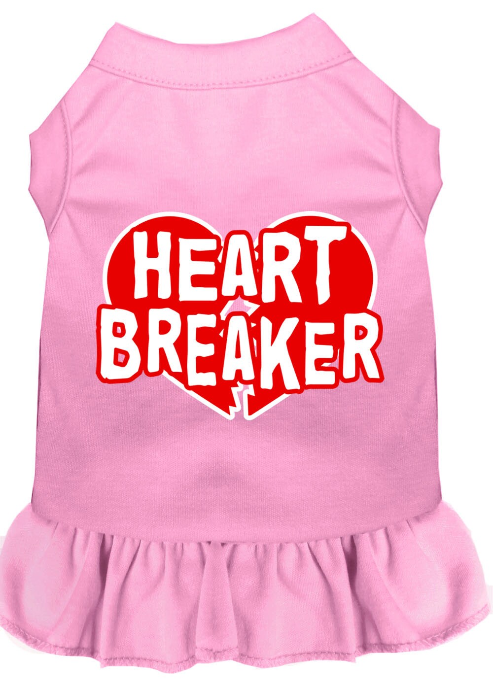 A cute pet dress for dogs and cats, featuring a screen-printed 'Heart Breaker' design, made from soft cotton and polyester blend.