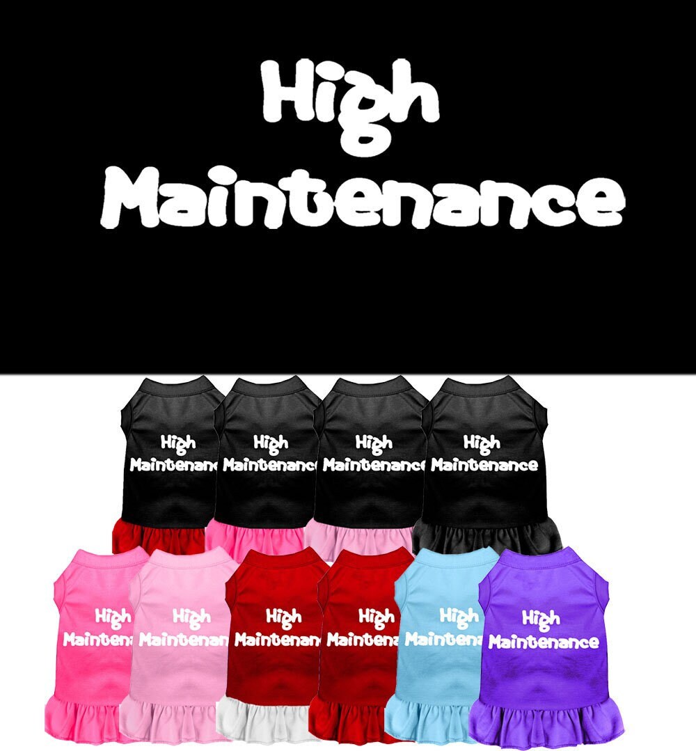 A stylish pet dress for dogs and cats, featuring a screen-printed design that reads 'High Maintenance', with a cute ruffle at the bottom.
