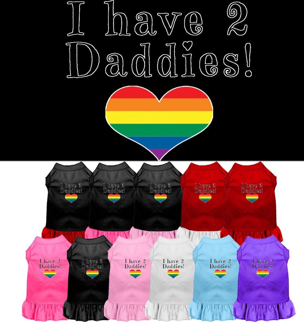 A cute pet dress for dogs and cats, featuring the text 'I Have 2 Daddies' in a vibrant print, showcasing a stylish design.