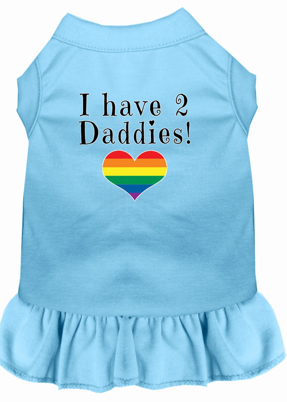 A cute pet dress for dogs and cats, featuring the text 'I Have 2 Daddies' in a vibrant print, showcasing a stylish design.