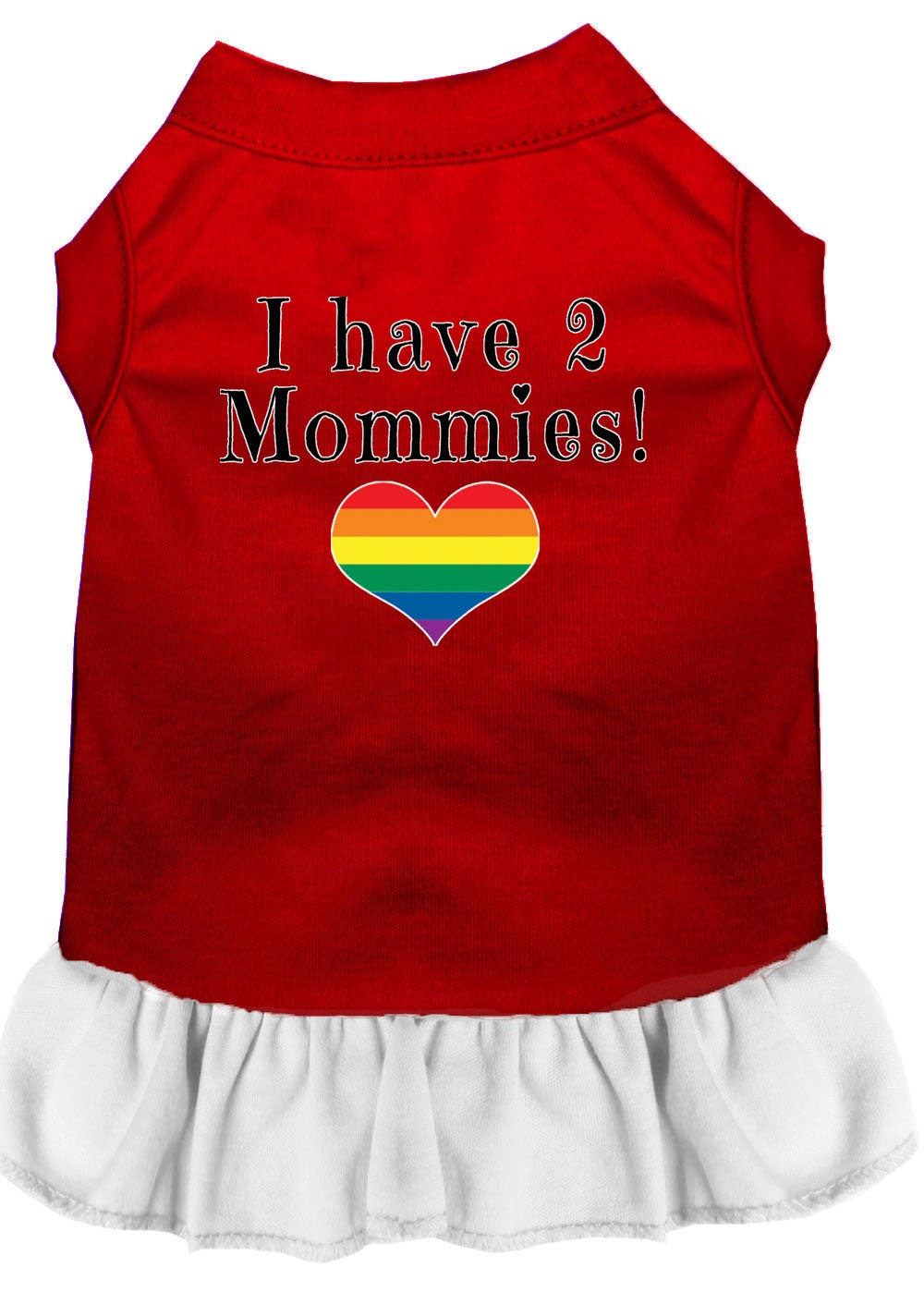 A cute pet dress for dogs and cats featuring the phrase 'I Have Two Mommies', made from soft cotton and polyester blend.