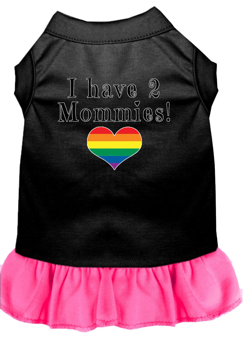 A cute pet dress for dogs and cats featuring the phrase 'I Have Two Mommies', made from soft cotton and polyester blend.