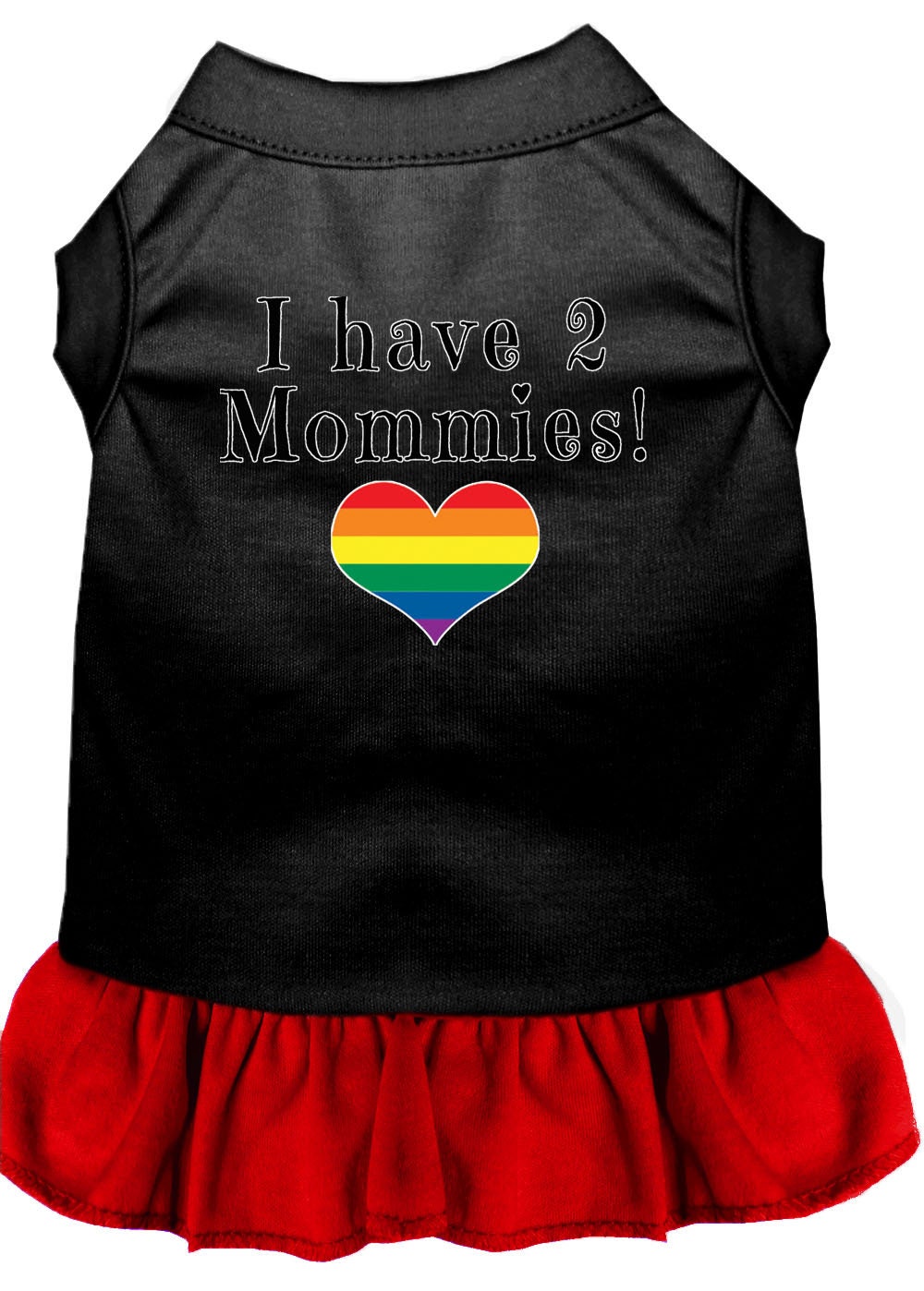 A cute pet dress for dogs and cats featuring the phrase 'I Have Two Mommies', made from soft cotton and polyester blend.