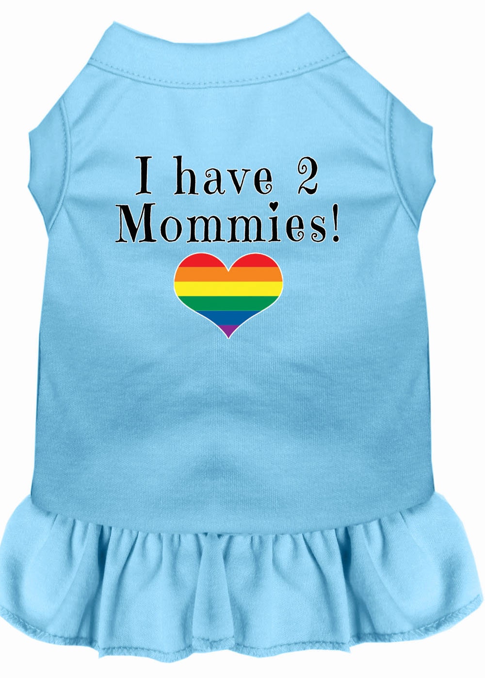A cute pet dress for dogs and cats featuring the phrase 'I Have Two Mommies', made from soft cotton and polyester blend.