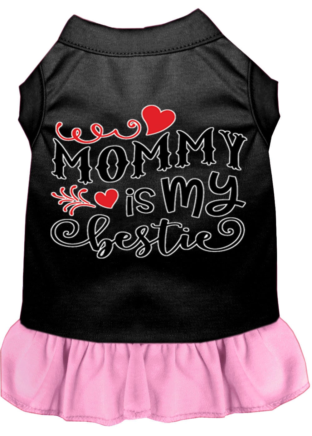 A cute pet dress for dogs and cats, featuring the phrase 'Mommy Is My Bestie' in a stylish screen print, made from soft cotton-polyester blend.