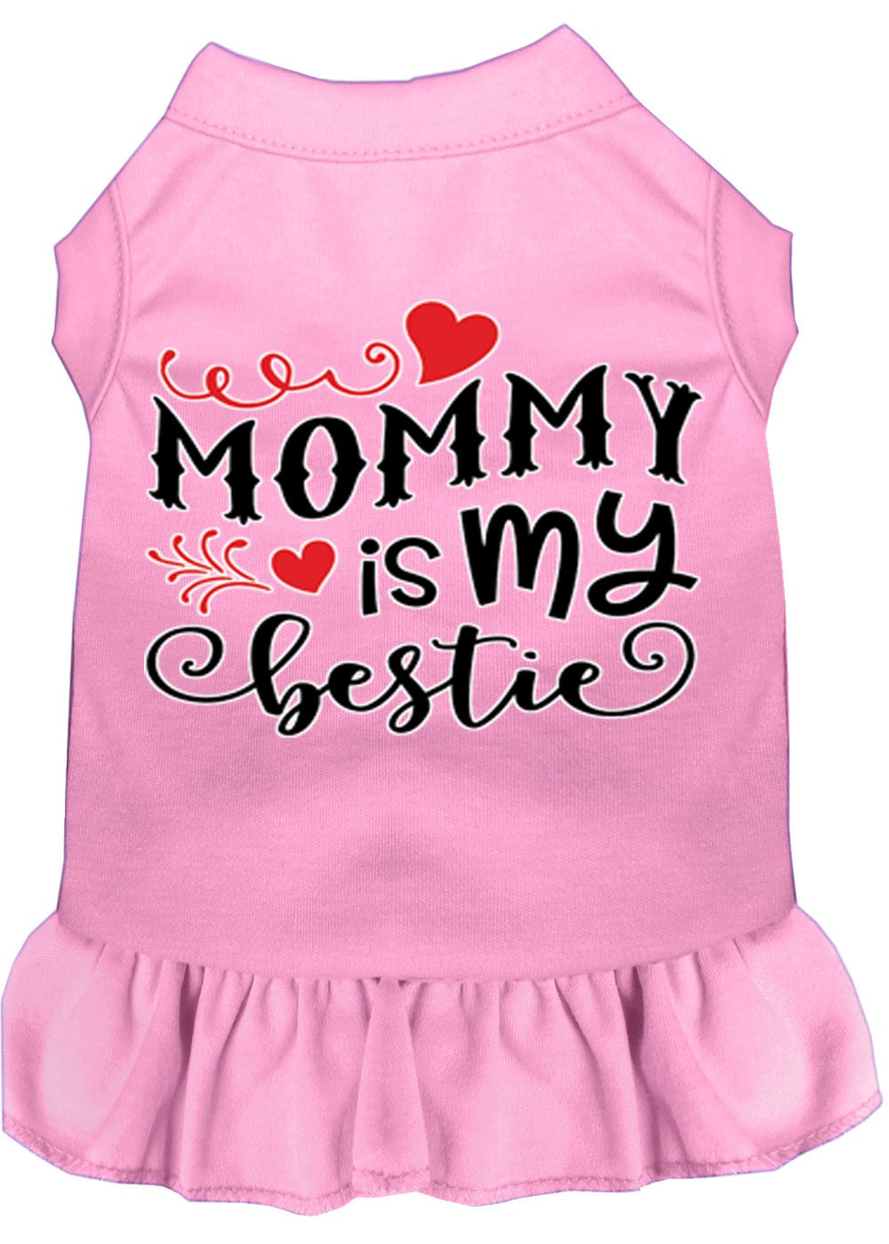 A cute pet dress for dogs and cats, featuring the phrase 'Mommy Is My Bestie' in a stylish screen print, made from soft cotton-polyester blend.