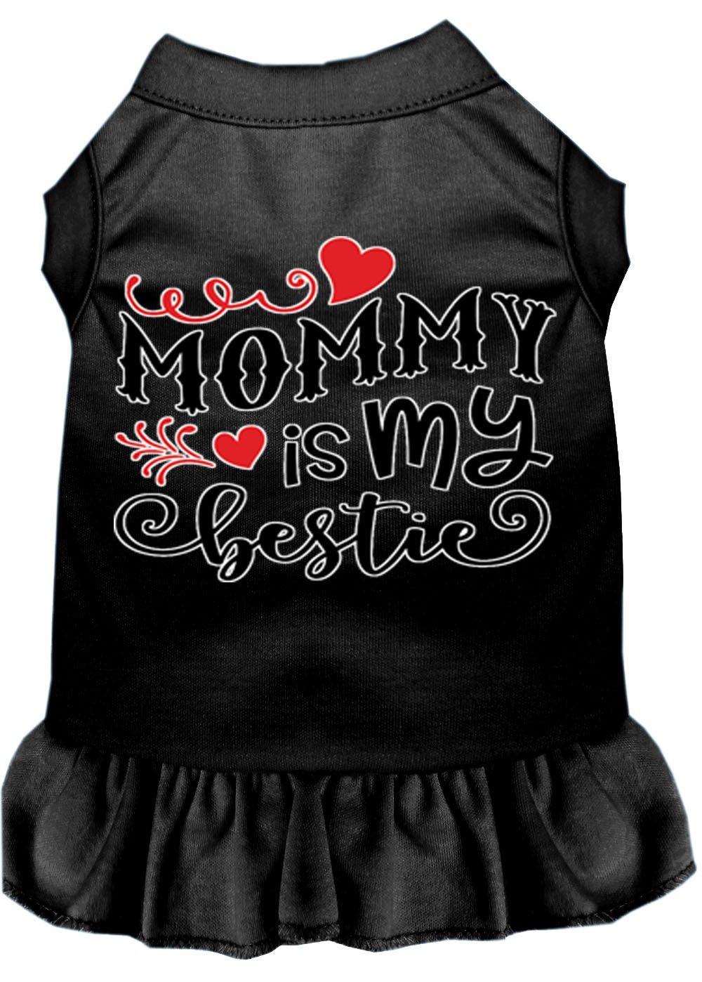 A cute pet dress for dogs and cats, featuring the phrase 'Mommy Is My Bestie' in a stylish screen print, made from soft cotton-polyester blend.