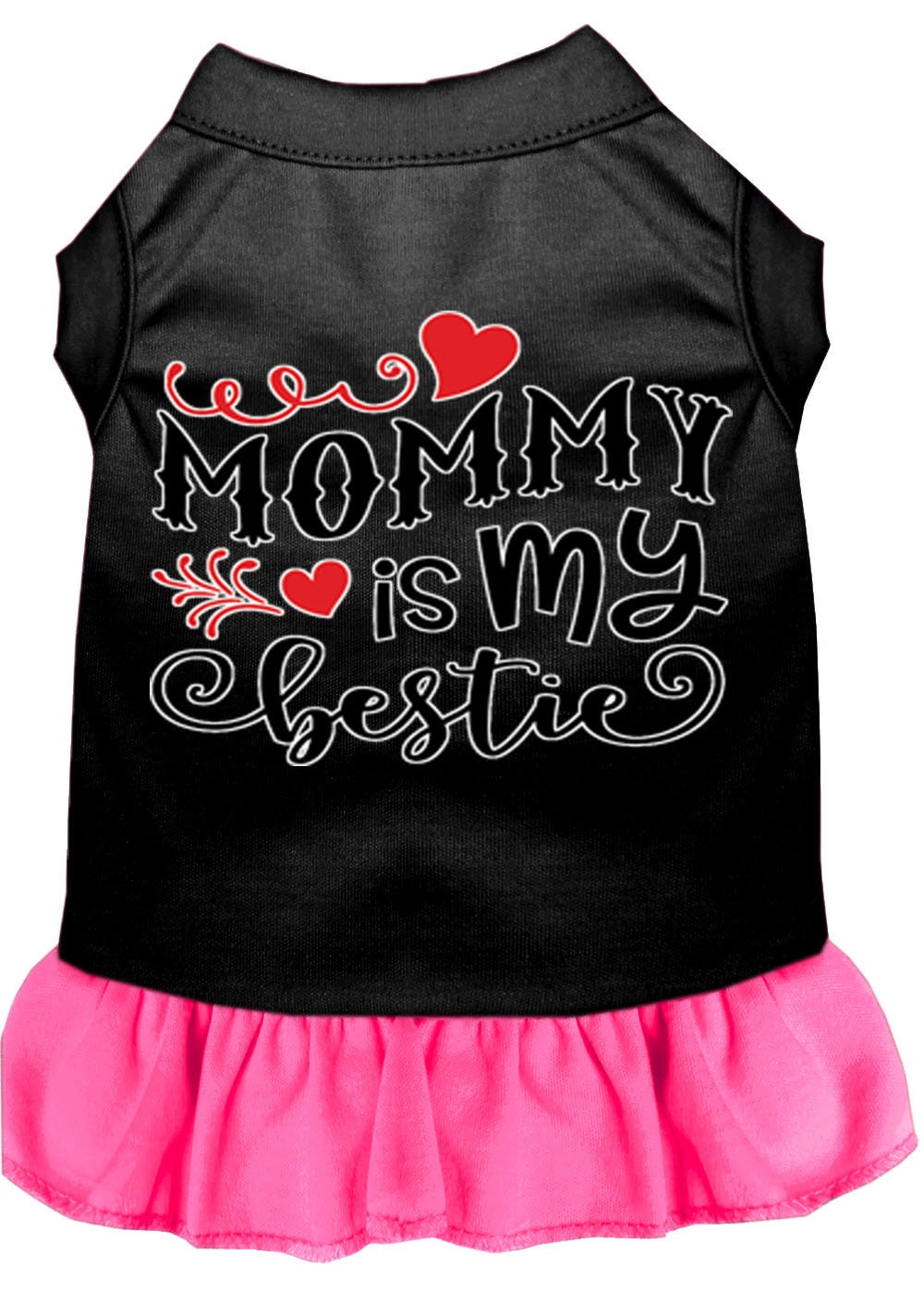A cute pet dress for dogs and cats, featuring the phrase 'Mommy Is My Bestie' in a stylish screen print, made from soft cotton-polyester blend.