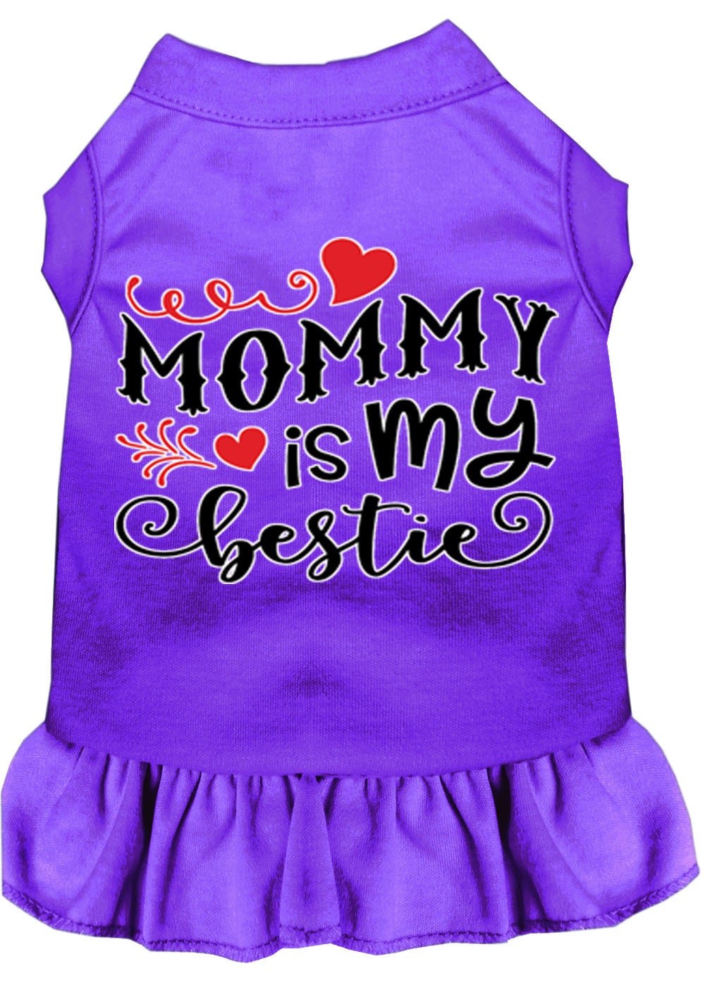 A cute pet dress for dogs and cats, featuring the phrase 'Mommy Is My Bestie' in a stylish screen print, made from soft cotton-polyester blend.