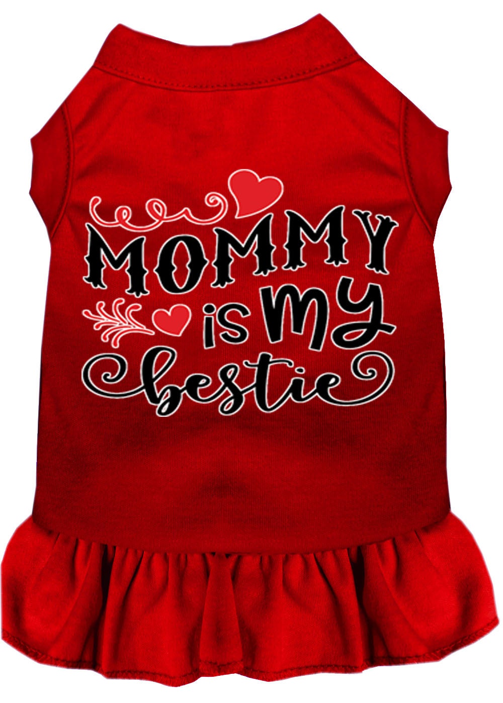 A cute pet dress for dogs and cats, featuring the phrase 'Mommy Is My Bestie' in a stylish screen print, made from soft cotton-polyester blend.