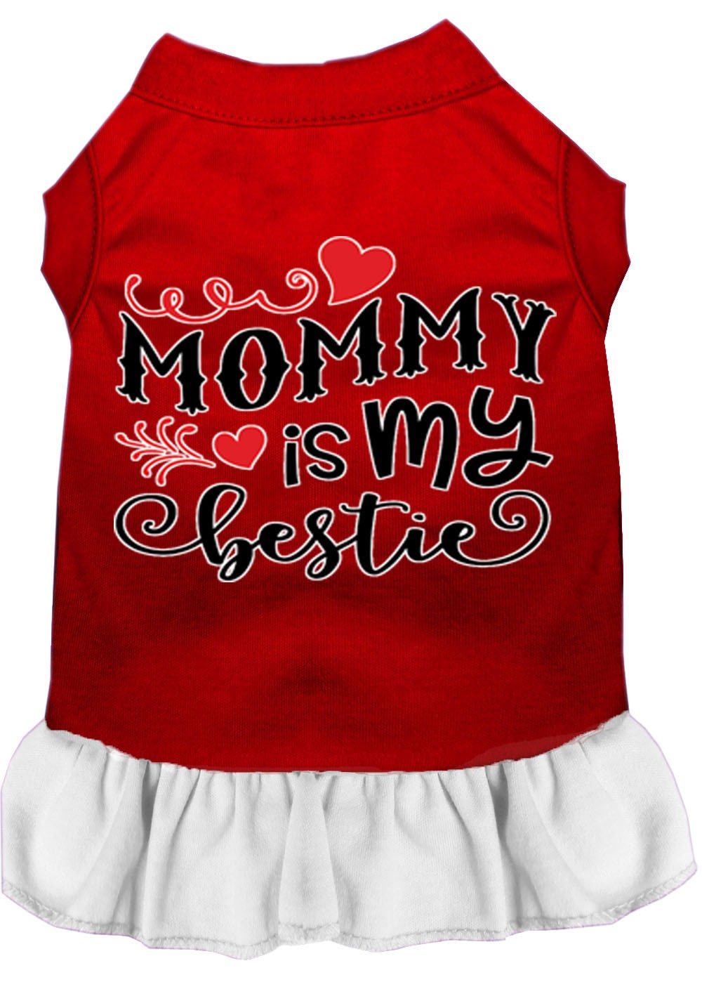 A cute pet dress for dogs and cats, featuring the phrase 'Mommy Is My Bestie' in a stylish screen print, made from soft cotton-polyester blend.
