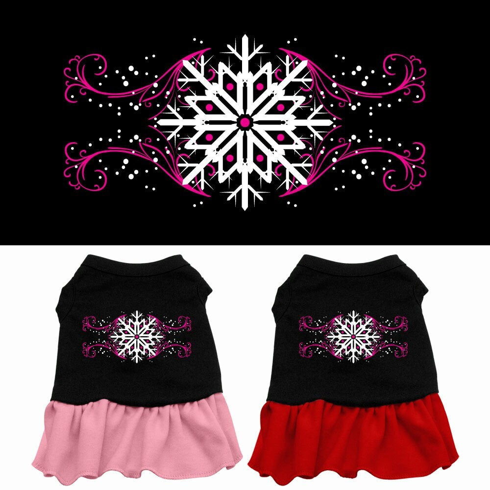 A cute pink dress for dogs and cats featuring a snowflake pattern, showcasing its soft fabric and stylish design.