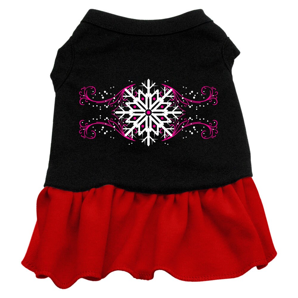 A cute pink dress for dogs and cats featuring a snowflake pattern, showcasing its soft fabric and stylish design.