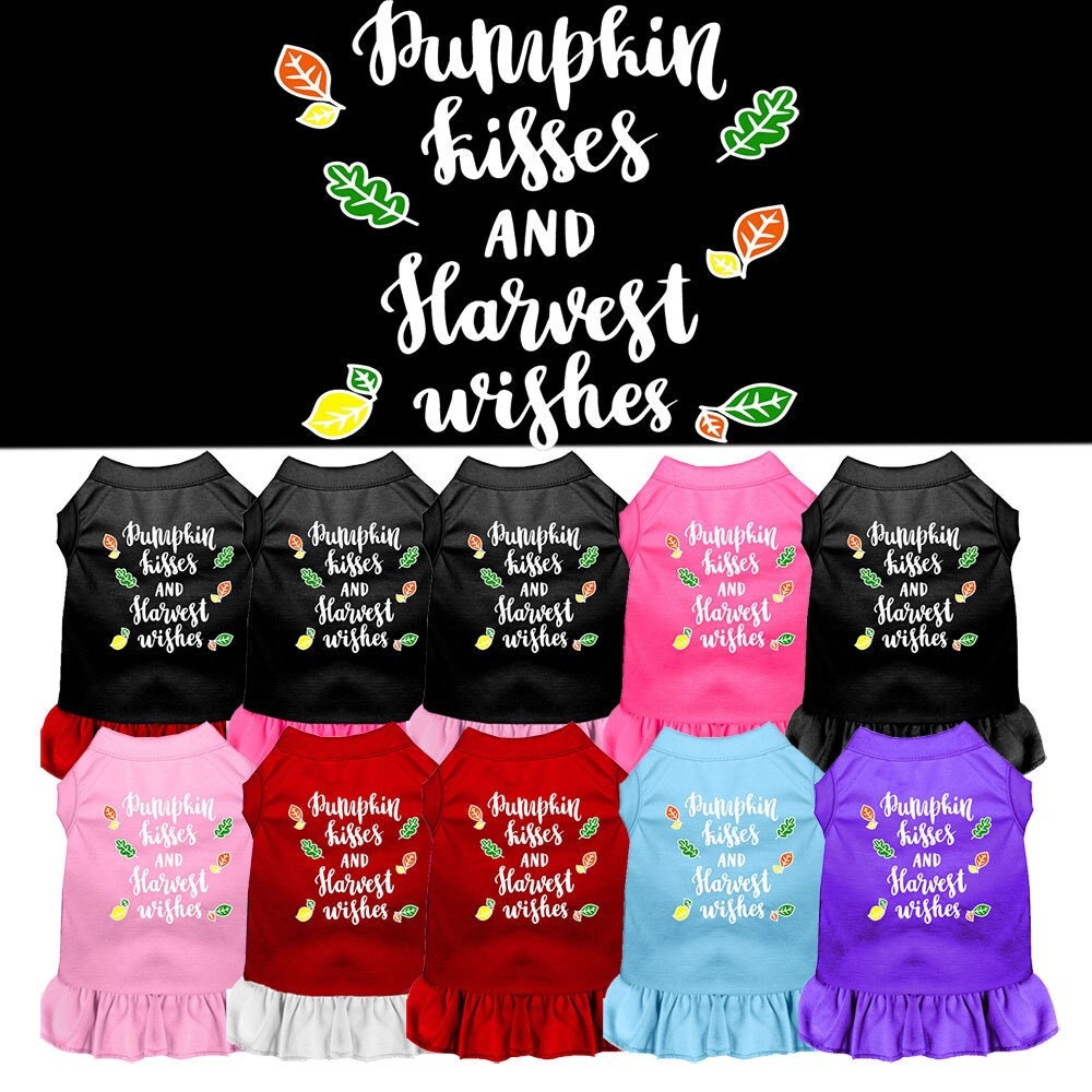 A cute dog wearing a pumpkin-themed dress with the text 'Pumpkin Kisses and Harvest Wishes', showcasing a vibrant autumn design.