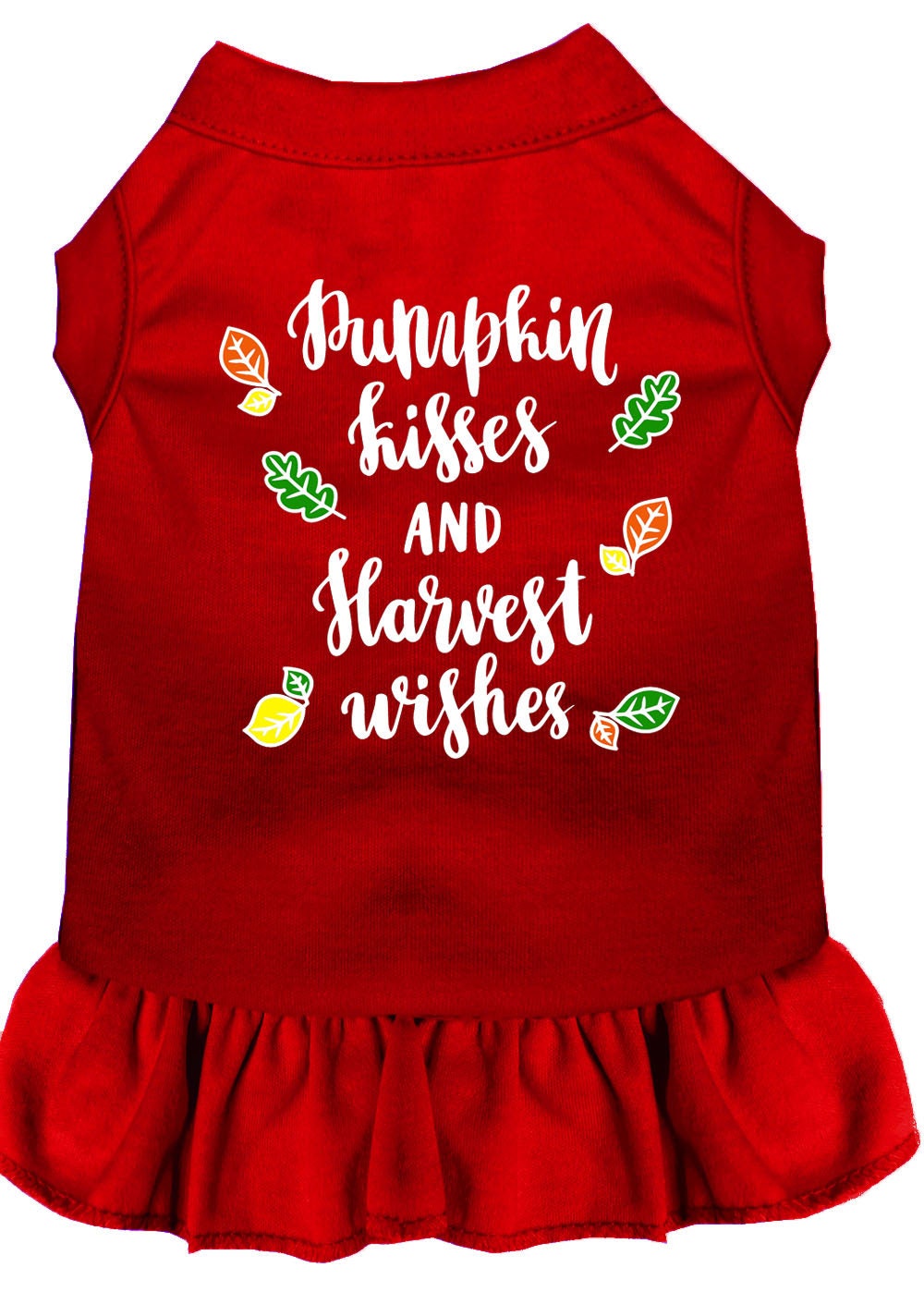 A cute dog wearing a pumpkin-themed dress with the text 'Pumpkin Kisses and Harvest Wishes', showcasing a vibrant autumn design.