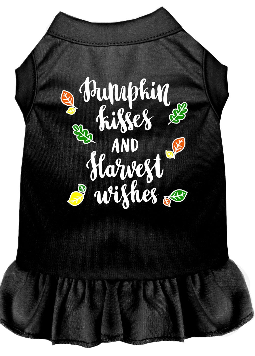 A cute dog wearing a pumpkin-themed dress with the text 'Pumpkin Kisses and Harvest Wishes', showcasing a vibrant autumn design.