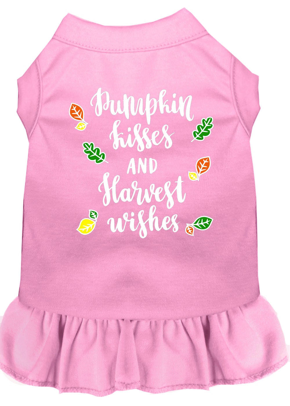 A cute dog wearing a pumpkin-themed dress with the text 'Pumpkin Kisses and Harvest Wishes', showcasing a vibrant autumn design.