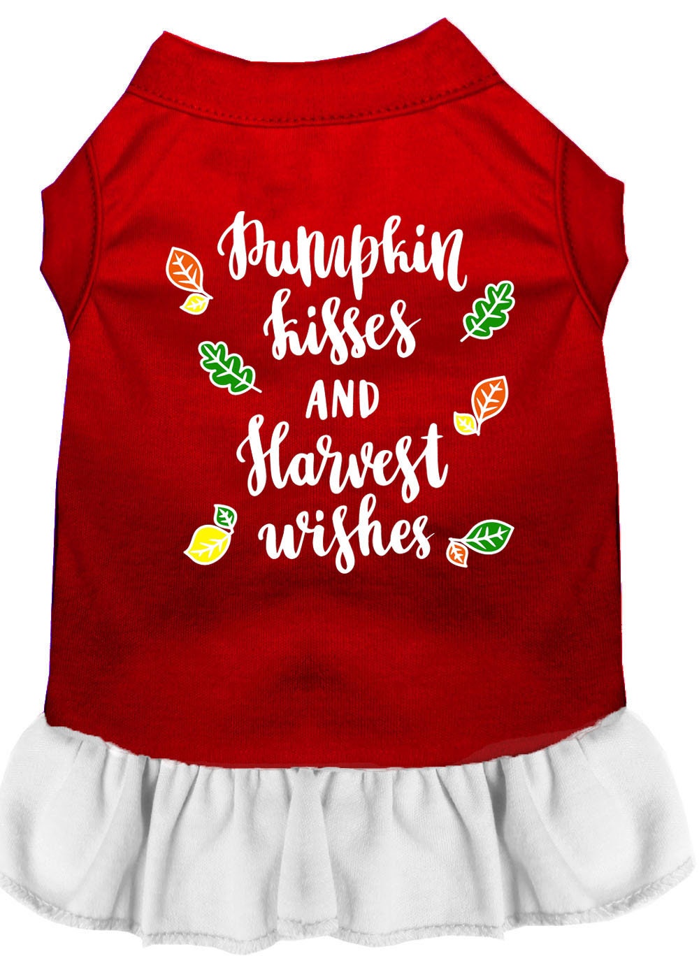 A cute dog wearing a pumpkin-themed dress with the text 'Pumpkin Kisses and Harvest Wishes', showcasing a vibrant autumn design.