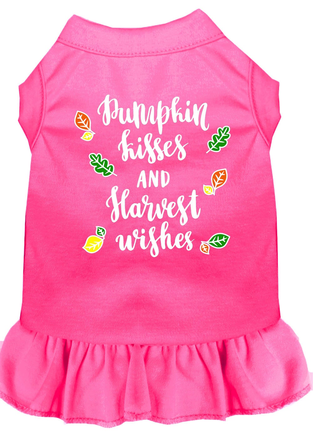A cute dog wearing a pumpkin-themed dress with the text 'Pumpkin Kisses and Harvest Wishes', showcasing a vibrant autumn design.