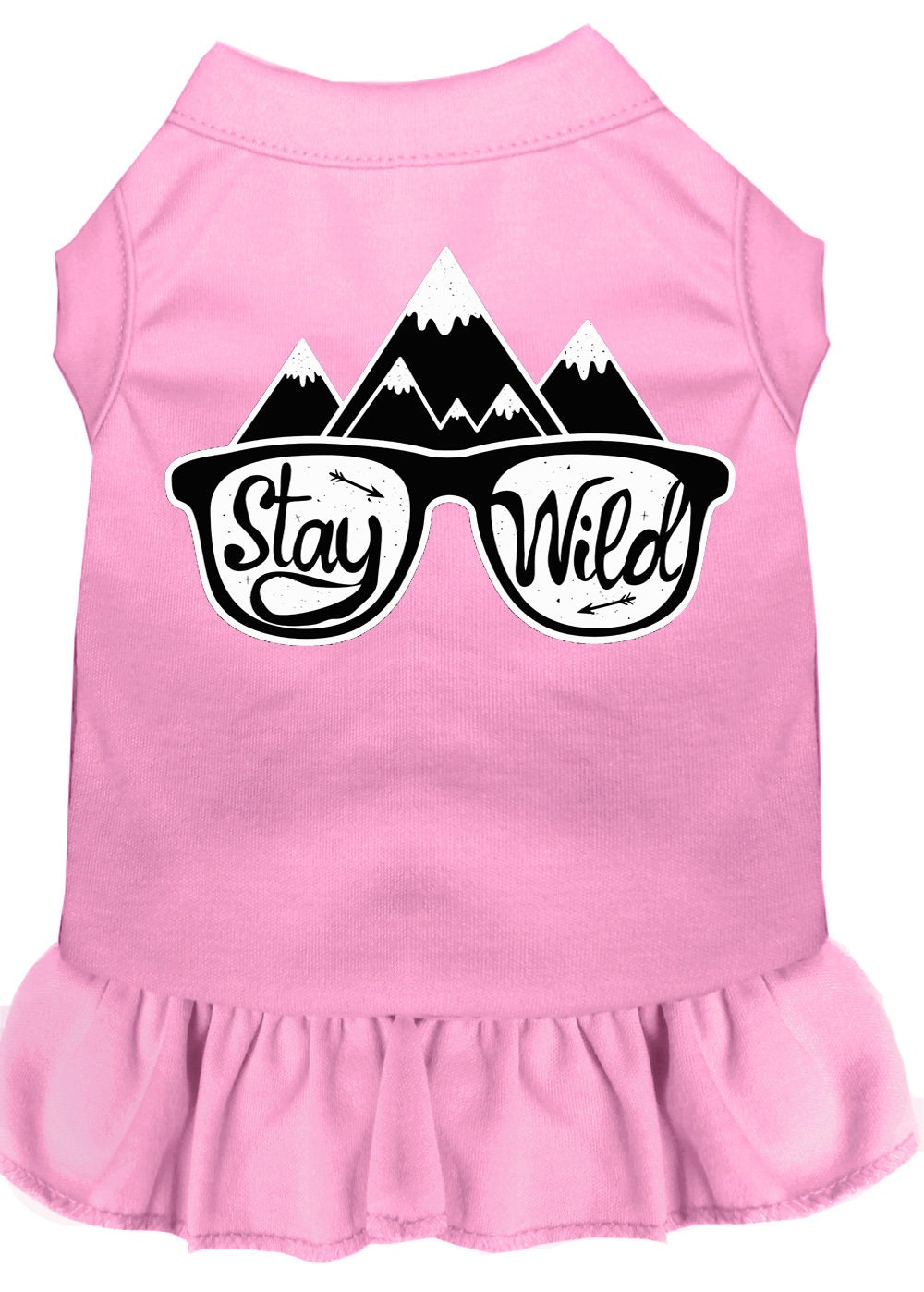 A cute dog wearing a 'Stay Wild' dress, showcasing a vibrant screen print design, perfect for pets of all sizes.