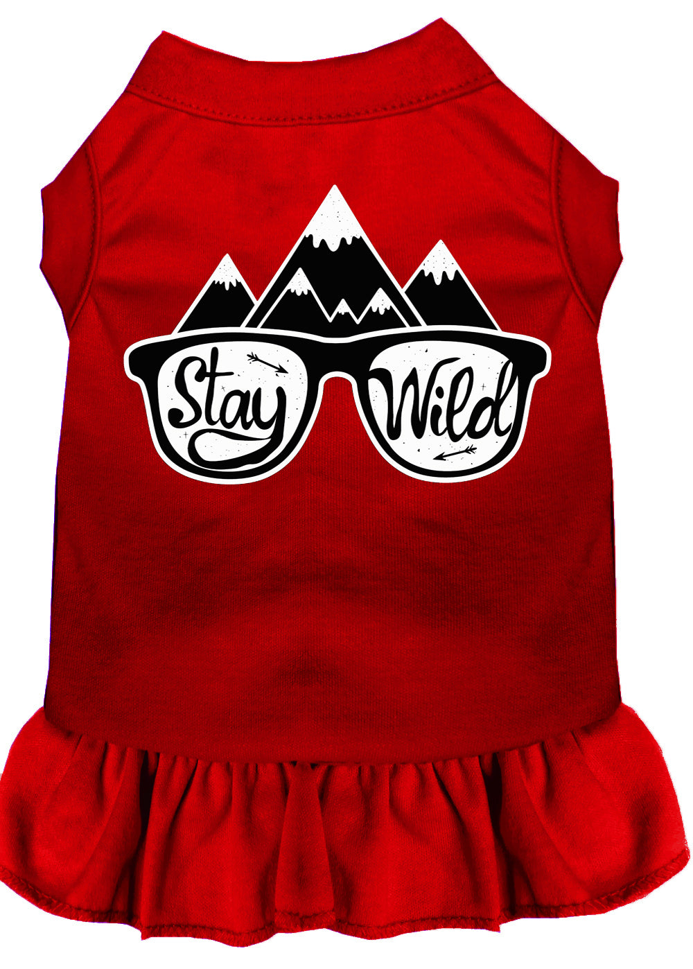 A cute dog wearing a 'Stay Wild' dress, showcasing a vibrant screen print design, perfect for pets of all sizes.