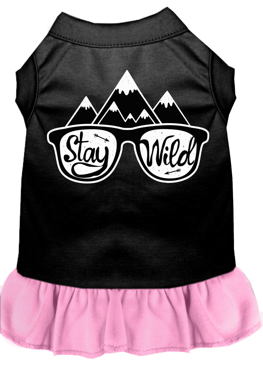 A cute dog wearing a 'Stay Wild' dress, showcasing a vibrant screen print design, perfect for pets of all sizes.