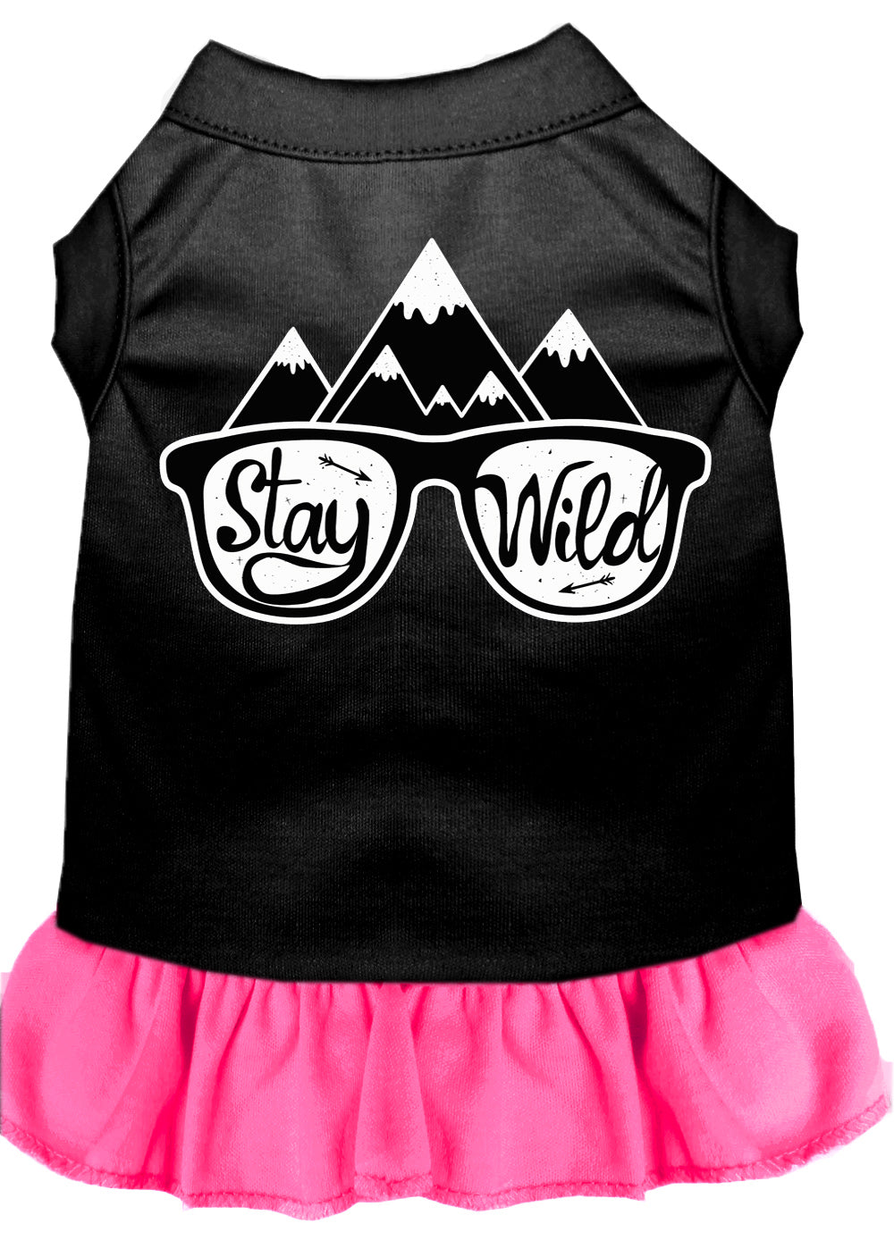 A cute dog wearing a 'Stay Wild' dress, showcasing a vibrant screen print design, perfect for pets of all sizes.
