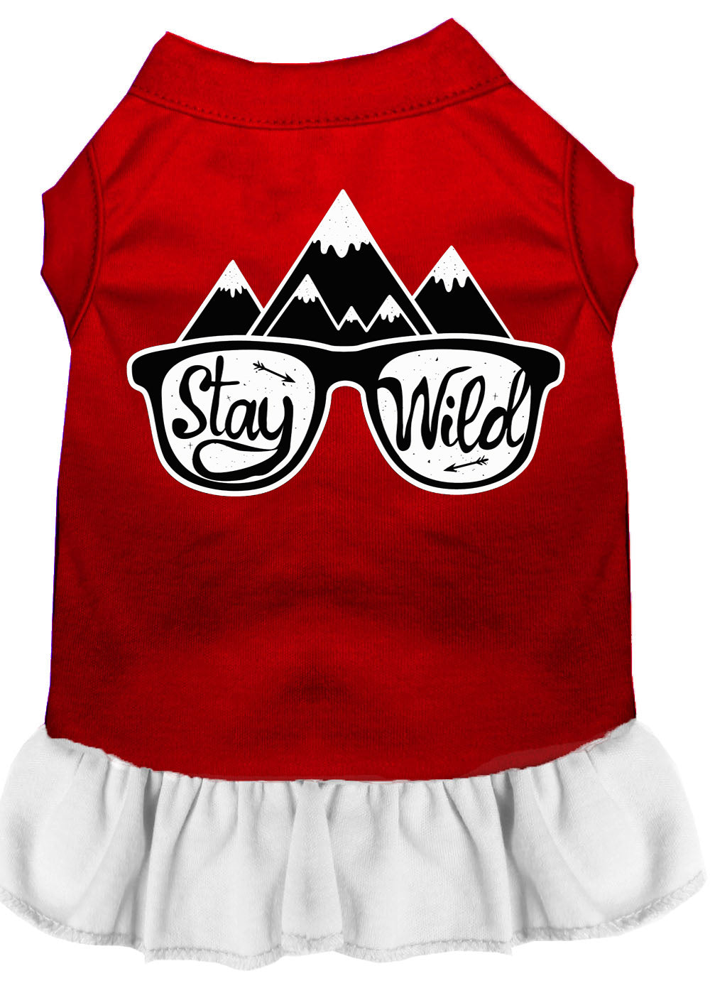 A cute dog wearing a 'Stay Wild' dress, showcasing a vibrant screen print design, perfect for pets of all sizes.