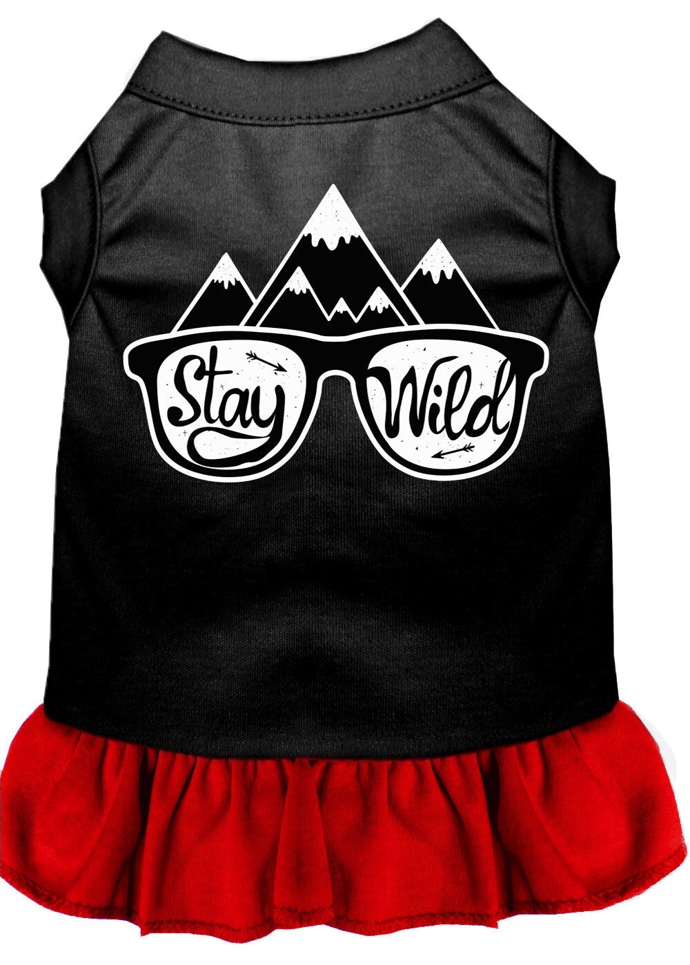A cute dog wearing a 'Stay Wild' dress, showcasing a vibrant screen print design, perfect for pets of all sizes.