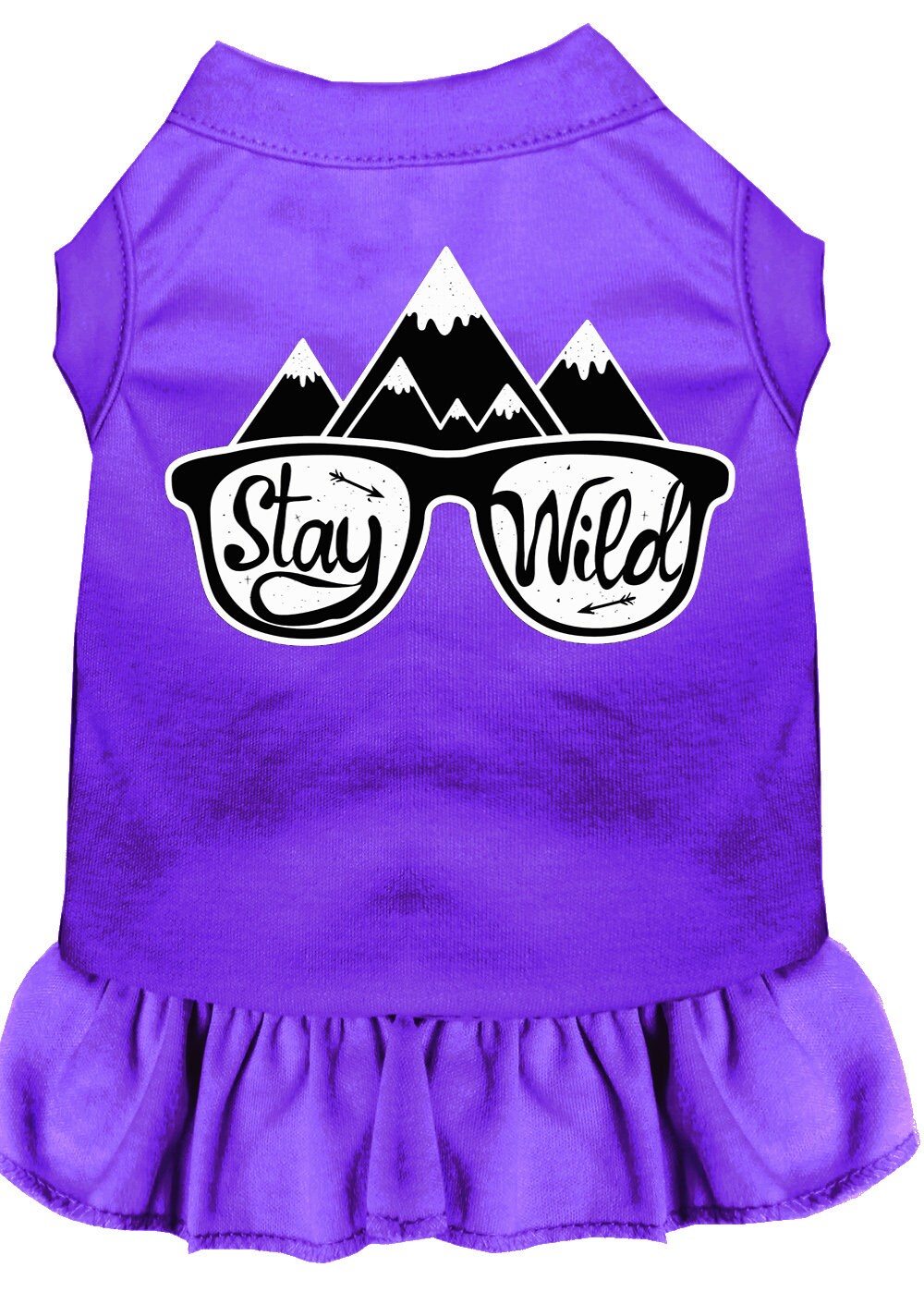 A cute dog wearing a 'Stay Wild' dress, showcasing a vibrant screen print design, perfect for pets of all sizes.