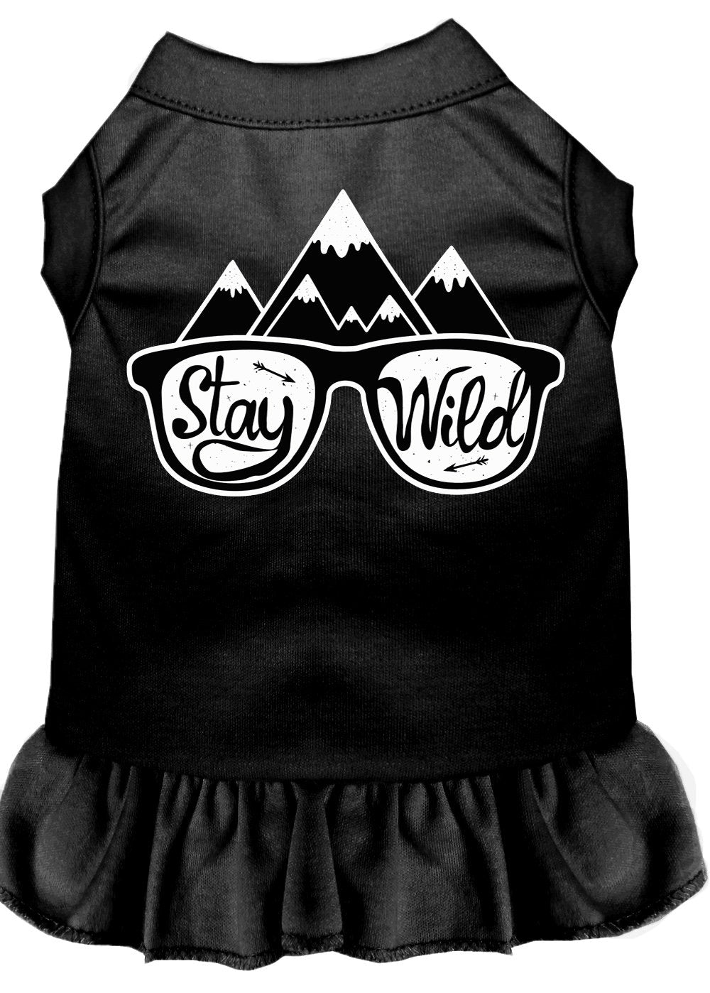 A cute dog wearing a 'Stay Wild' dress, showcasing a vibrant screen print design, perfect for pets of all sizes.