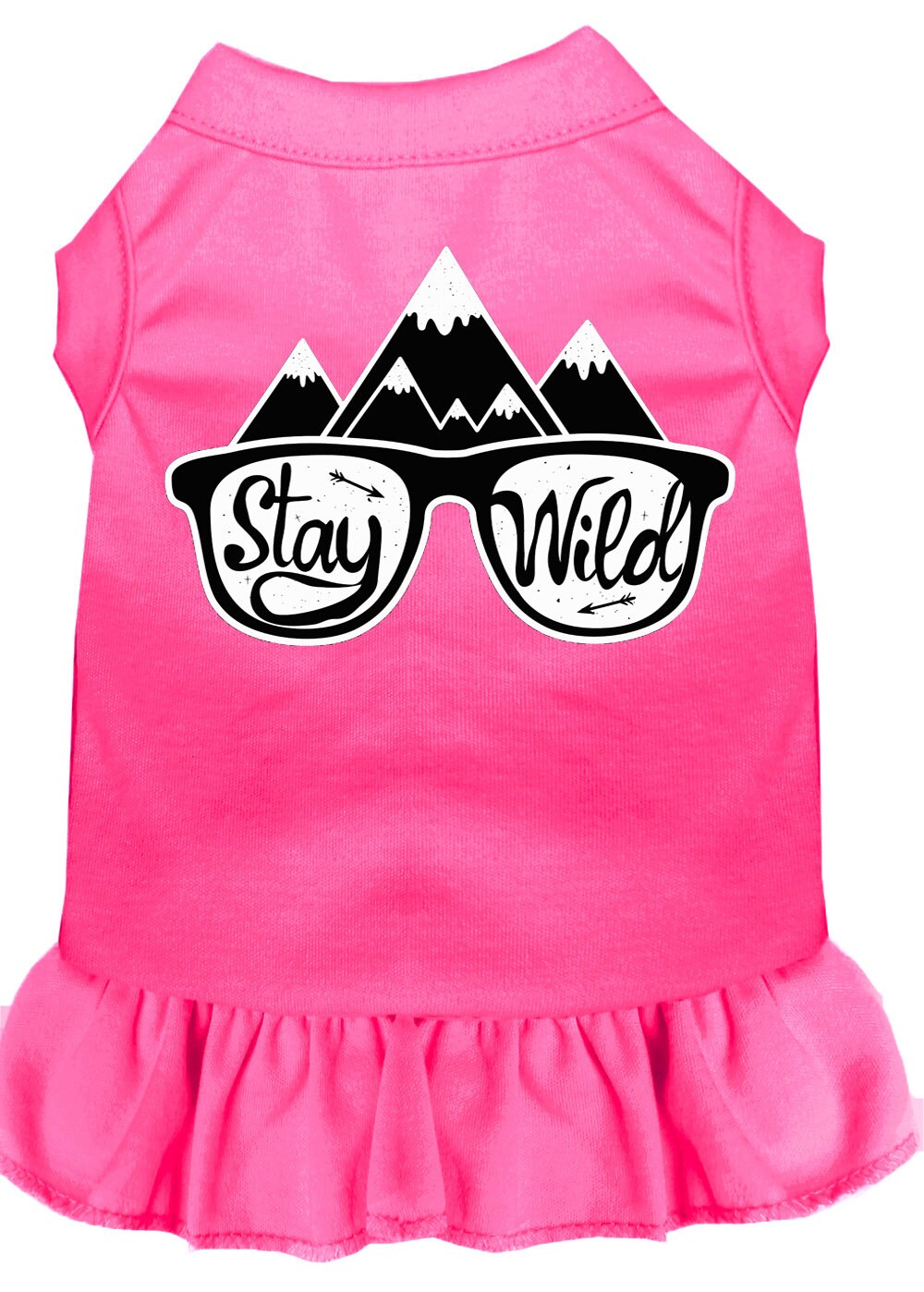 A cute dog wearing a 'Stay Wild' dress, showcasing a vibrant screen print design, perfect for pets of all sizes.