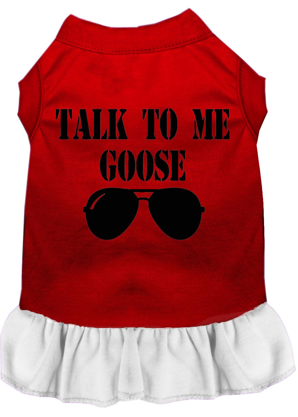 A cute pet dress for dogs and cats featuring the phrase 'Talk To Me Goose', made from soft cotton and polyester blend.