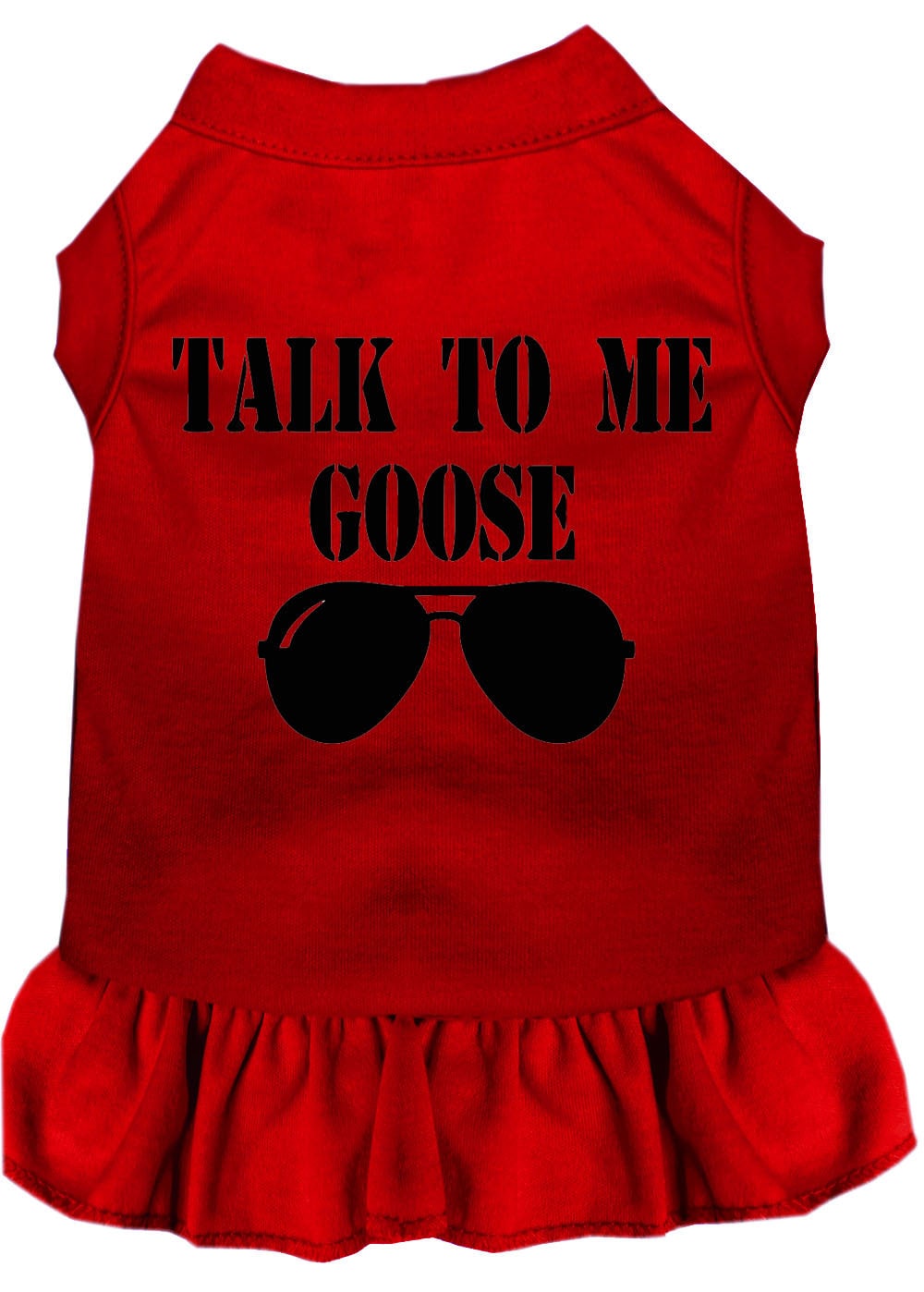 A cute pet dress for dogs and cats featuring the phrase 'Talk To Me Goose', made from soft cotton and polyester blend.