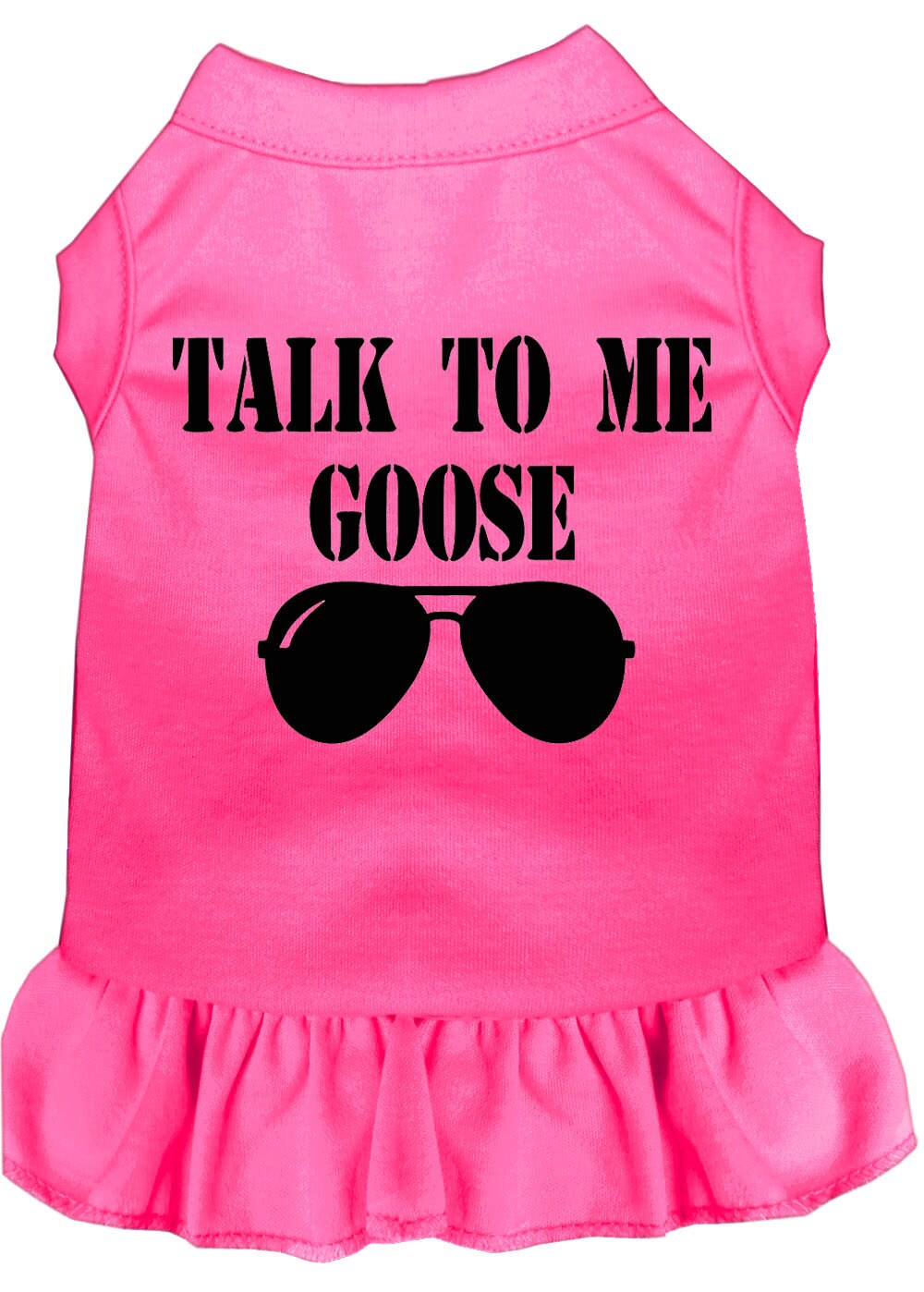 A cute pet dress for dogs and cats featuring the phrase 'Talk To Me Goose', made from soft cotton and polyester blend.
