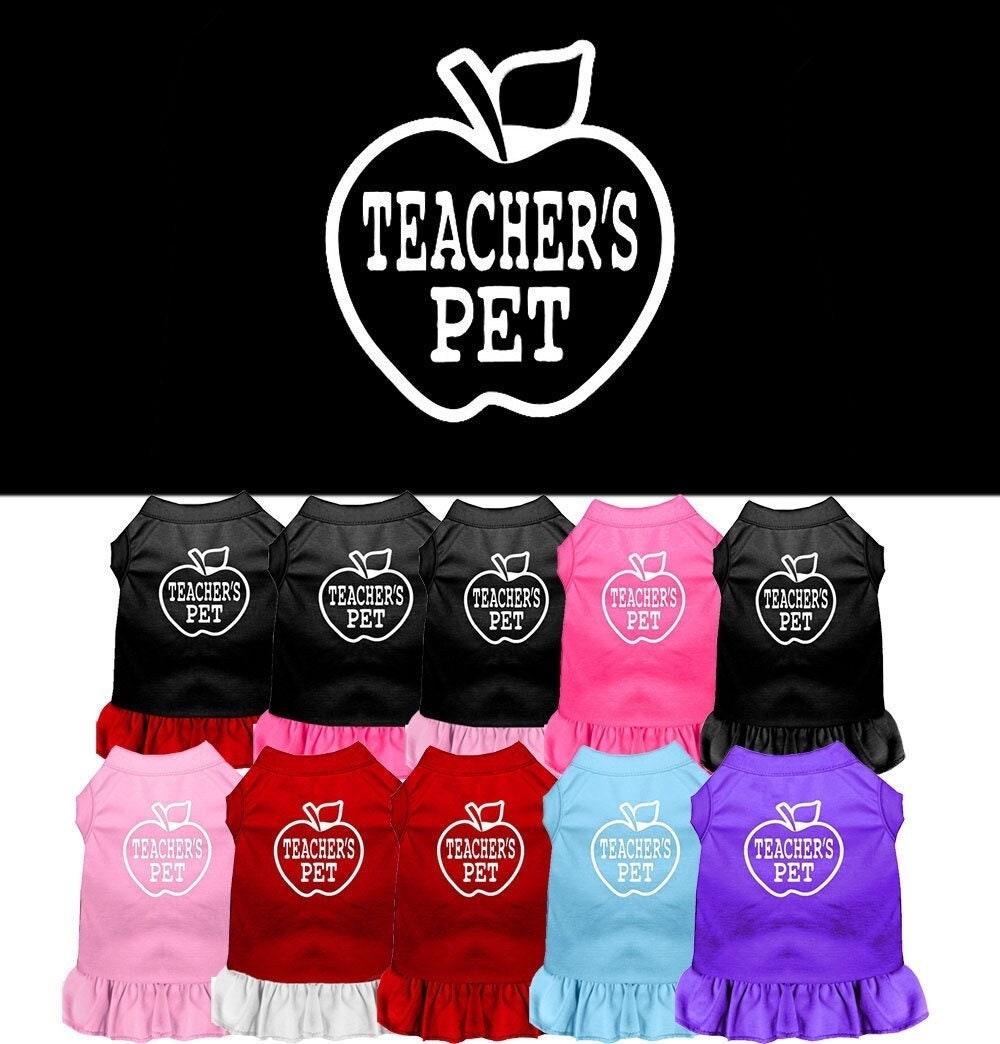 A cute dog and cat dress featuring the phrase 'Teacher's Pet', made from soft cotton and polyester blend, perfect for pets of all sizes.