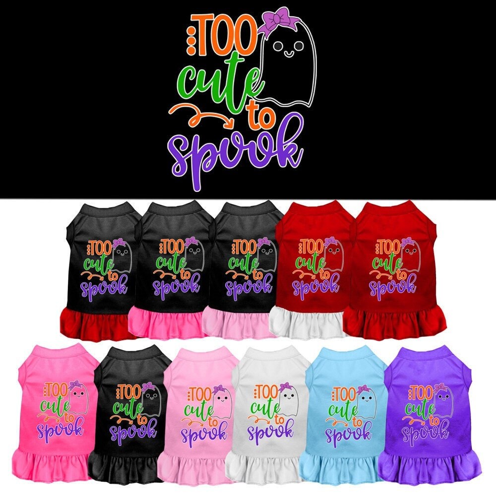 A cute pet dress featuring a girly ghost design, perfect for Halloween, made from soft cotton and polyester blend.