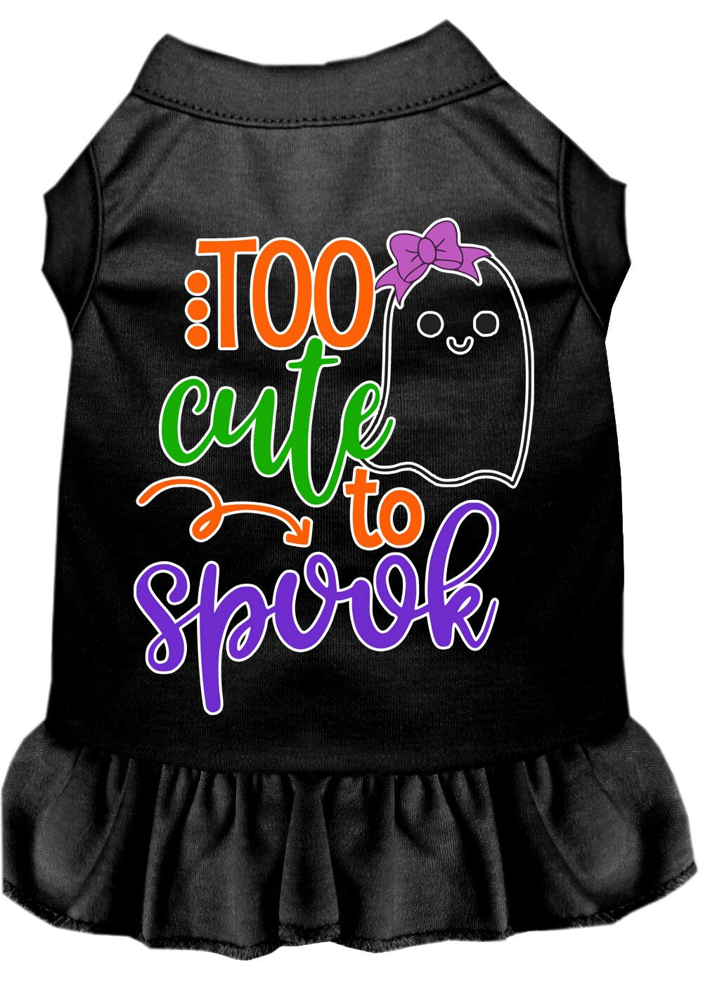 A cute pet dress featuring a girly ghost design, perfect for Halloween, made from soft cotton and polyester blend.