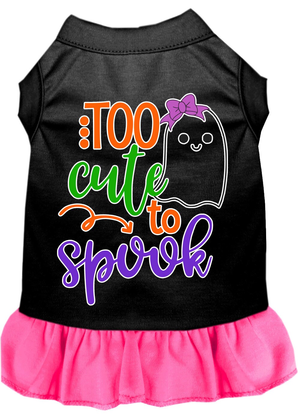 A cute pet dress featuring a girly ghost design, perfect for Halloween, made from soft cotton and polyester blend.