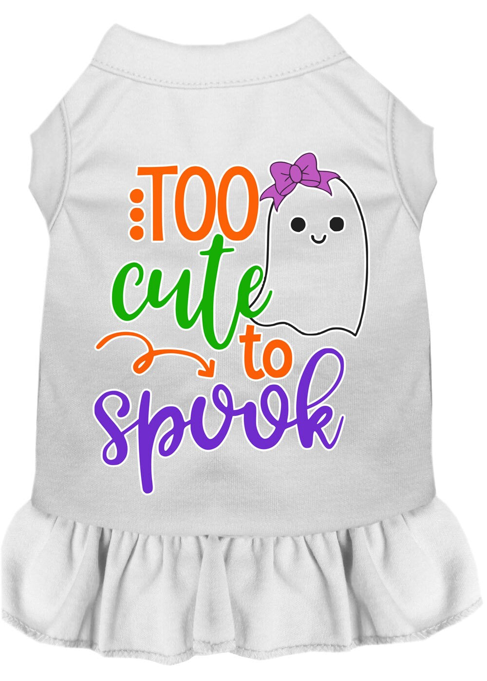 A cute pet dress featuring a girly ghost design, perfect for Halloween, made from soft cotton and polyester blend.