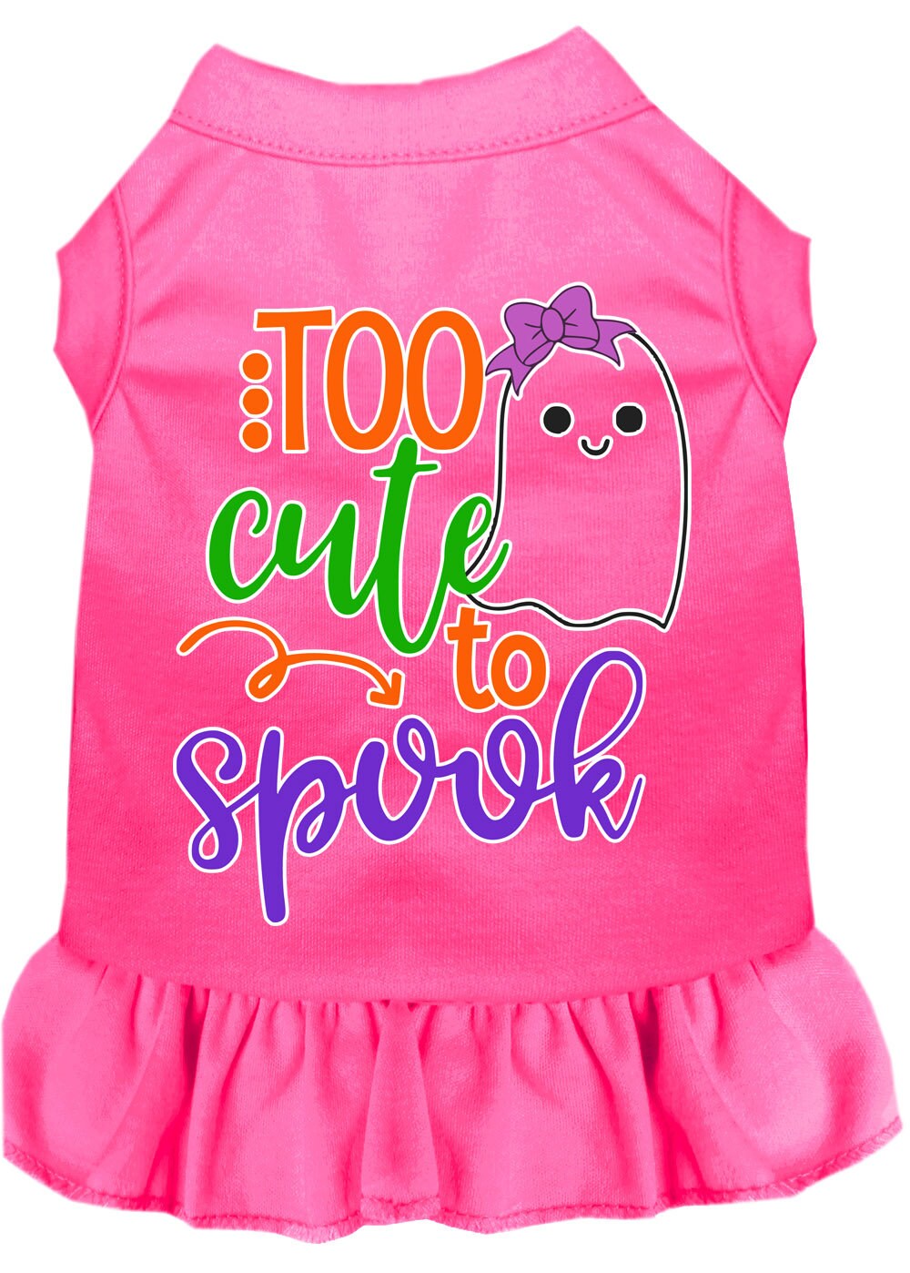 A cute pet dress featuring a girly ghost design, perfect for Halloween, made from soft cotton and polyester blend.