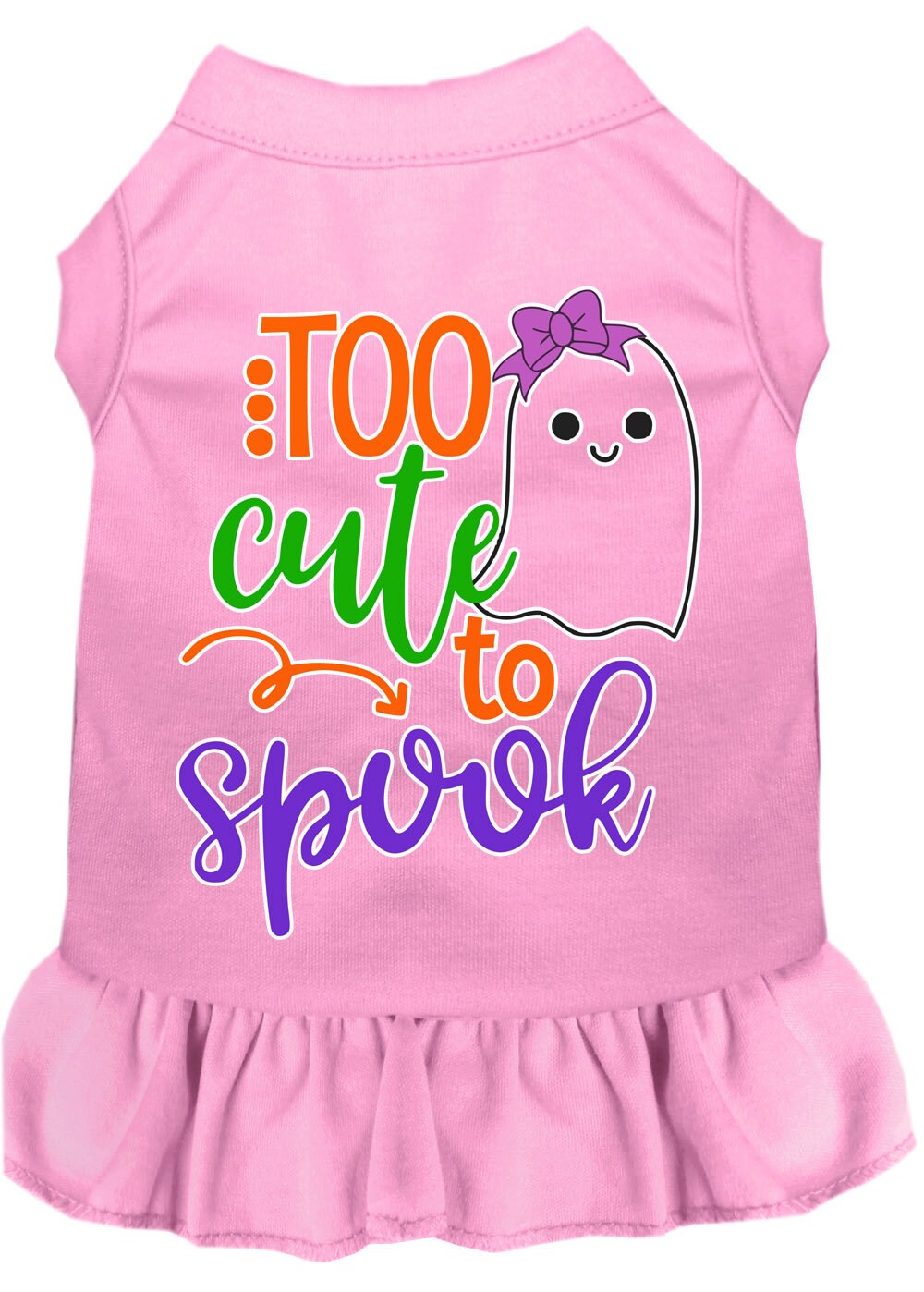 A cute pet dress featuring a girly ghost design, perfect for Halloween, made from soft cotton and polyester blend.