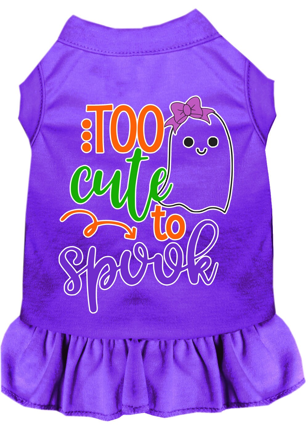 A cute pet dress featuring a girly ghost design, perfect for Halloween, made from soft cotton and polyester blend.