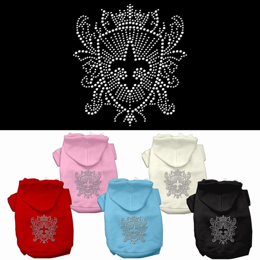 A stylish pet hoodie featuring a rhinestone Fleur De Lis Shield design, perfect for dogs and cats.